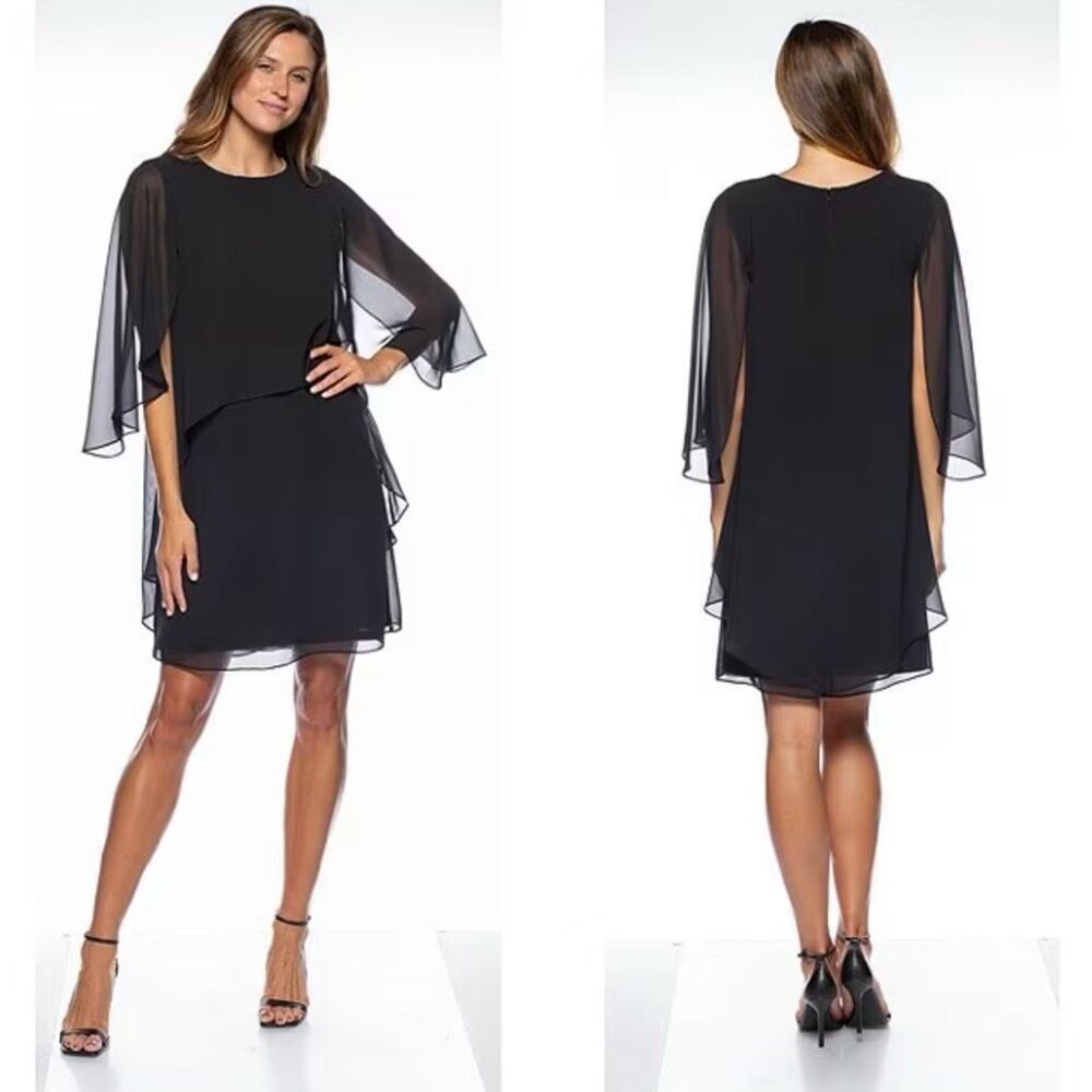 NWT Marina 3/4 Sleeve Chiffon Overlay Shift Dress Black 14